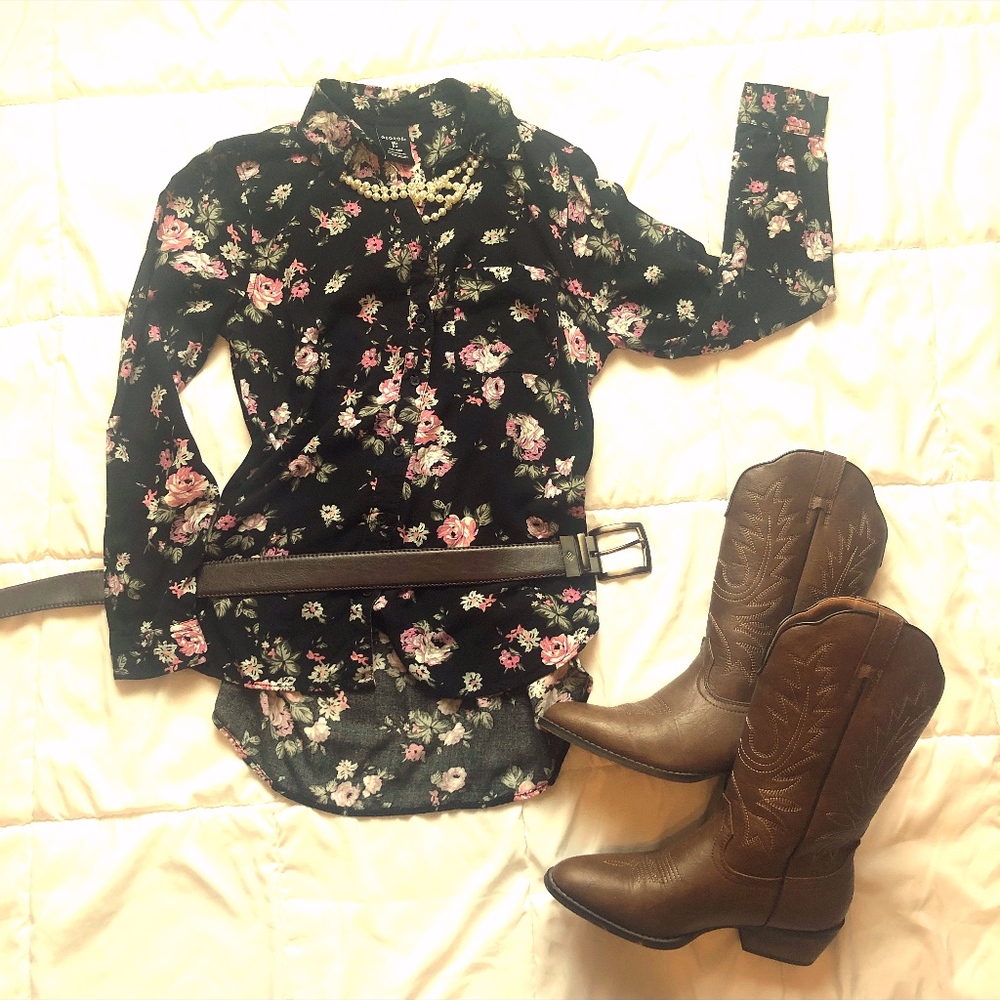 Black & Flower Button Down Shirt
